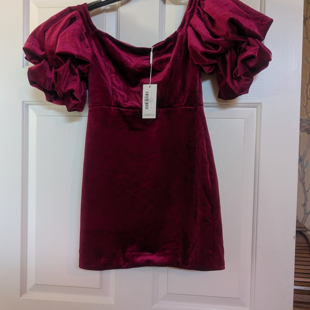 Petal & Pup Deep Red Velvet Puff Sleeve Blouse